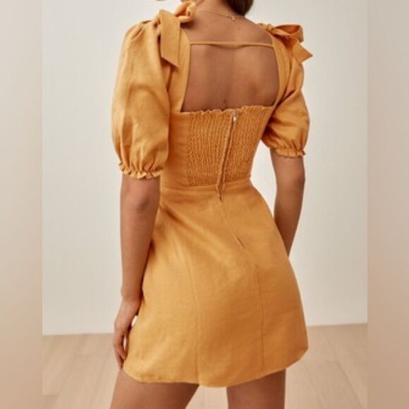 Reformation Spring Bow Linen Dress 2 - Mustard Yellow / Orchid - Picture 3 of 8